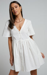Staycation Mini Dress - Smock Button Up Dress in White