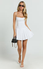 Stefanie Mini Dress - Scoop Neck Drop Waist Pleated Dress in White