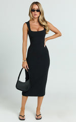 Stella Midi Dress - Square Neck Cap Sleeve Fitted Dress in Black