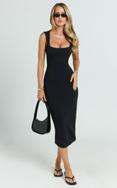 Stella Midi Dress - Square Neck Cap Sleeve Fitted Dress in Black