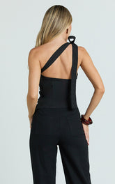 Stella Top - Linen Look Asymmetric Halter Top in Black