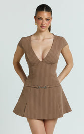 Steph Mini Dress - V Neck Cap Sleeve Pleat Skirt Dress in Chocolate