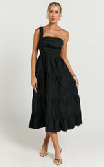 Stephanie Midi Dress - One Shoulder Tiered Midi Dress in Black