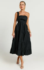 Stephanie Midi Dress - One Shoulder Tiered Midi Dress in Black
