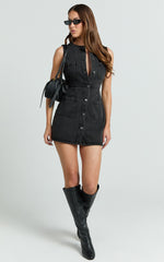 Stephanie Mini Dress - Scoop Neck Pocket Detail Recycled Denim Dress in Washed Black