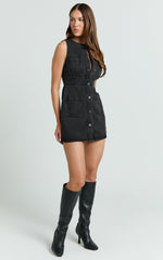 Stephanie Mini Dress - Scoop Neck Pocket Detail Recycled Denim Dress in Washed Black
