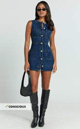 Stephanie Mini Dress - Scoop Neck Pocket Detail Recycled Denim Dress in Indigo Wash