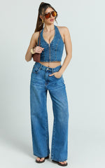 Stephanie Top - Zip Through Halter Neck Denim Top in Dark Blue Wash