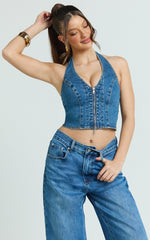 Stephanie Top - Zip Through Halter Neck Denim Top in Dark Blue Wash