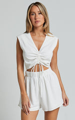 Suki Shorts - Elasticated High Waist Textured Shorts in White