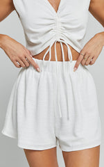 Suki Shorts - Elasticated High Waist Textured Shorts in White