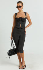 Susannah Pants - Pinstripe Fitted Split Leg Capri Pants in Black Stripe