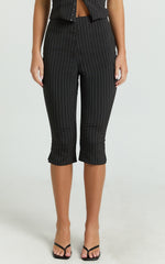 Susannah Pants - Pinstripe Fitted Split Leg Capri Pants in Black Stripe