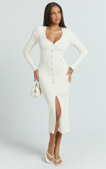 Susie Midi Dress - Pearl Button Down Long Sleeve Knit Dress in Ivory