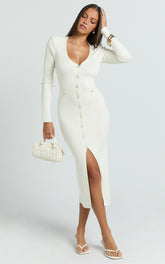 Susie Midi Dress - Pearl Button Down Long Sleeve Knit Dress in Ivory