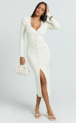 Susie Midi Dress - Pearl Button Down Long Sleeve Knit Dress in Ivory