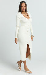 Susie Midi Dress - Pearl Button Down Long Sleeve Knit Dress in Ivory