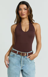 Suzanna Bodysuit - V Neck Halter Bodysuit in Chocolate