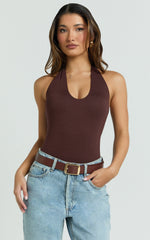 Suzanna Bodysuit - V Neck Halter Bodysuit in Chocolate