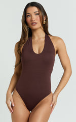 Suzanna Bodysuit - V Neck Halter Bodysuit in Chocolate