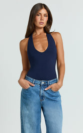 Suzanna Bodysuit - V Neck Halter Bodysuit in Navy