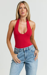 Suzanna Bodysuit - V Neck Halter Bodysuit in Red