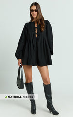 Suzette Mini Dress - High Neck Tie Front Long Sleeve Pleat Front Babydoll Dress in Black