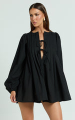 Suzette Mini Dress - High Neck Tie Front Long Sleeve Pleat Front Babydoll Dress in Black