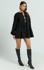 Suzette Mini Dress - High Neck Tie Front Long Sleeve Pleat Front Babydoll Dress in Black