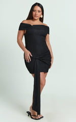 Svetlana Mini Dress - Textured Jersey Off Shoulder Draped Dress in Black