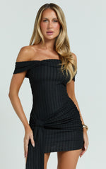 Svetlana Mini Dress - Textured Jersey Off Shoulder Draped Dress in Black