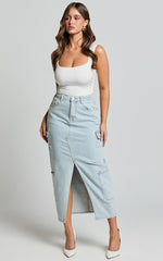 Sylvia Midi Skirt - Utility Pockets Denim Skirt in Light Blue Wash