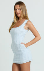 Sylvia Mini Dress - Square Neck Lace Trim A Line Mini Dress in Blue