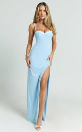 Tahlia Maxi Dress - Contrast Lace Sweetheart Neck Bodycon Dress in Blue