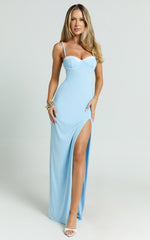 Tahlia Maxi Dress - Contrast Lace Sweetheart Neck Bodycon Dress in Blue