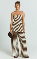 Talia Eloise Two Piece Set - Strapless Top and Wide Leg Pants in Ecru Brown Stripe