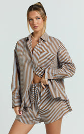 Talia Naomi Two Piece Set - Shirt and Short Set in Brown Stripe