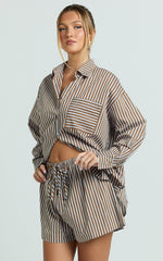 Talia Naomi Two Piece Set - Shirt and Short Set in Brown Stripe