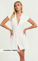 Tallulah Mini Dress - Linen V Neck A Line Dress in White