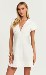 Tallulah Mini Dress - Linen V Neck A Line Dress in White