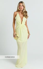 Tamara Maxi Dress - Plunge Neck Ruched Open Back Dress in Lemon
