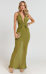 Tamara Maxi Dress - Plunge Neck Ruched Open Back Dress in Sage