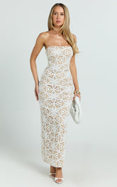 Tamika Maxi Dress - Crochet Strapless Column Dress in White