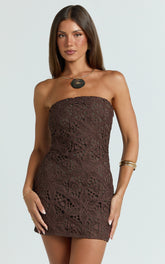 Tamika Mini Dress - Crochet Strapless Bodycon Dress in Chocolate