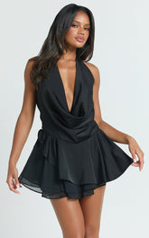 Tanisha Mini Dress - Halter Cowl Neck Asymmetrical Skirt Dress in Black
