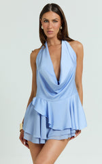 Tanisha Mini Dress - Halter Cowl Neck Asymmetrical Skirt Dress in Icy Blue