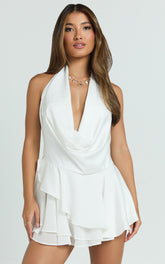 Tanisha Mini Dress - Halter Cowl Neck Asymmetrical Skirt Dress in Off White