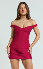 Tanisha Mini Dress - Off Shoulder Draped Waist Dress in Red