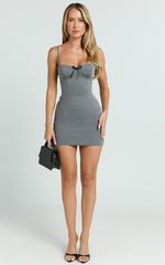 Tara Mini Dress - Lace Trim Sweetheart Neck Fitted Dress in Grey