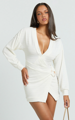 Tarah Mini Dress - Wrap Front Twist Trim Knit Dress in Ivory